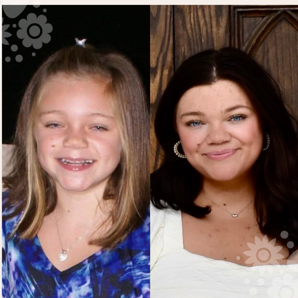 Kendall's girl talk story, this picture shows Kendall as a young girl and a picture of her as an adult.